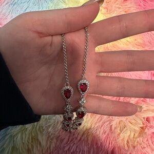Elegant Silver and Red Teardrop Necklace, bracelet, and earrings